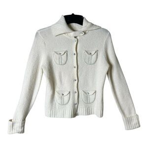 Lucidity Womens Wool Blend Cream Rhinestone Button Quiet Luxury Cardigan Large